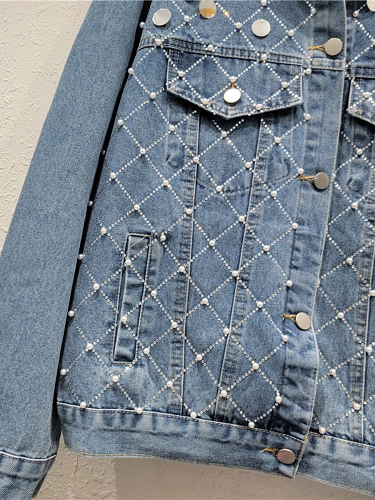 Pre Order:  Sequins Pearls Plaid Rhinestone Denim Jacket