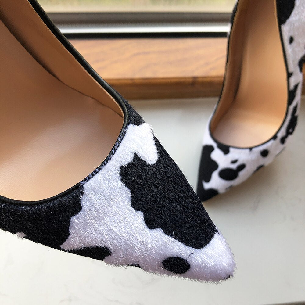 Pre Order:  White Flock Pointed-Toe Cow Printed Shoes