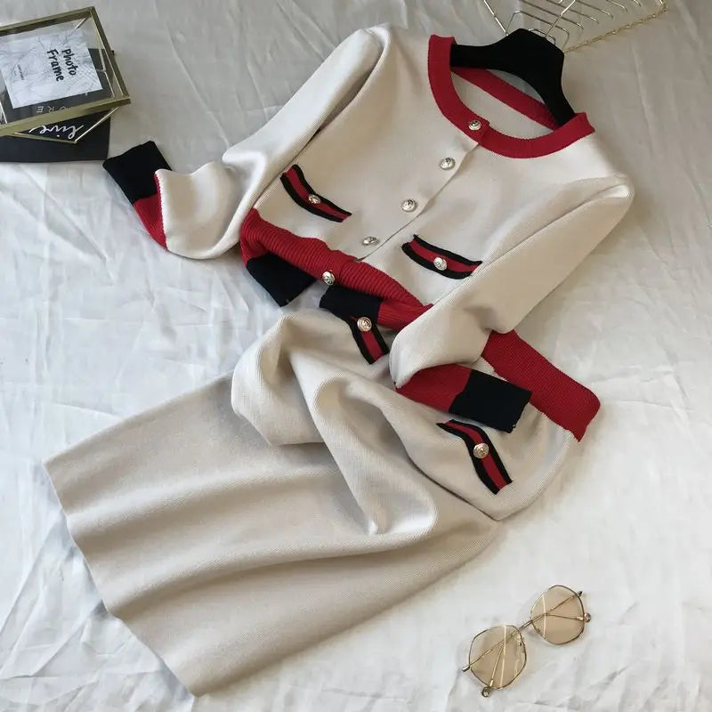 Pre Order:  Casual Knitted Cardigan + Slim Fit Skirt Set