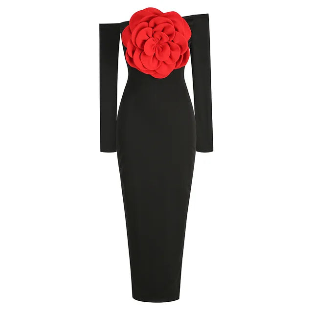 Black 3D Flower Off Shoulder Long Dress