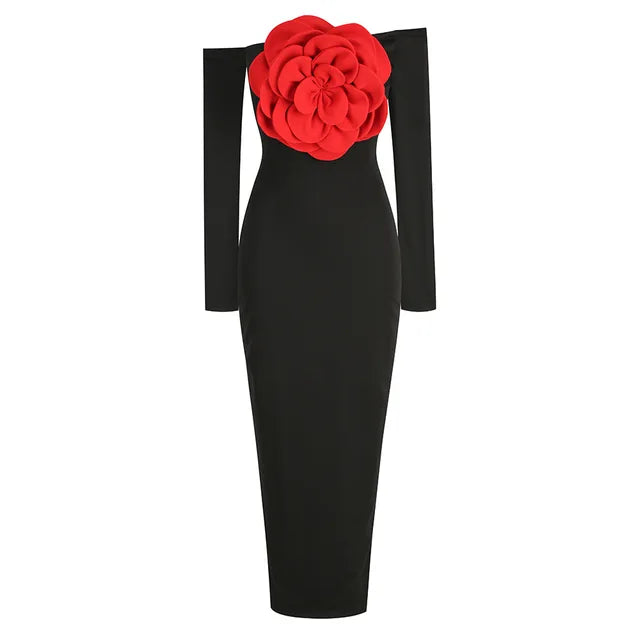 Pre Order:  Black 3D Flower Off Shoulder Long Dress