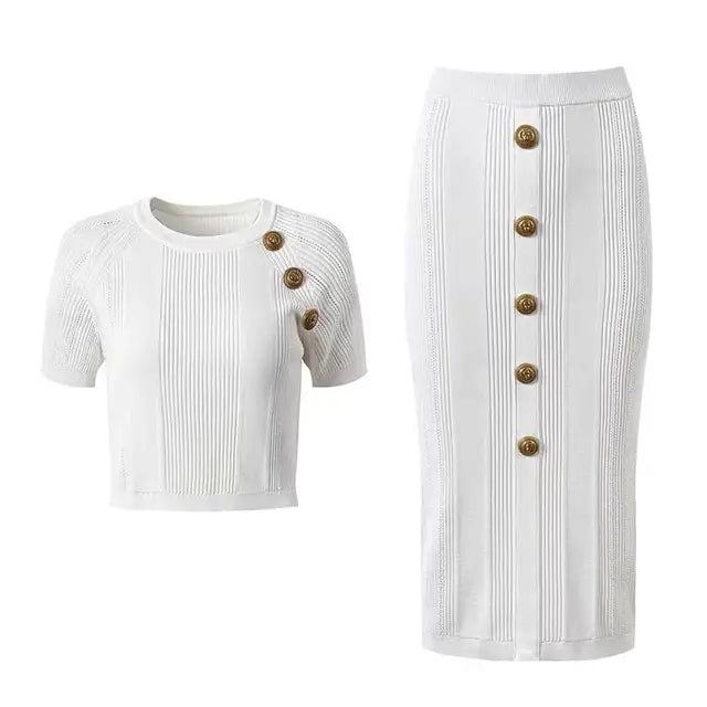 Pre Order:  Gold Button Short Sleeve Knit Top + Pencil Skirt