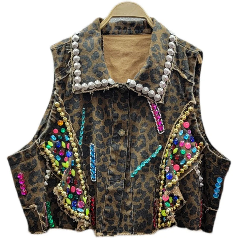 Leopard Print Rivet Rhinestone Sleeveless Vest