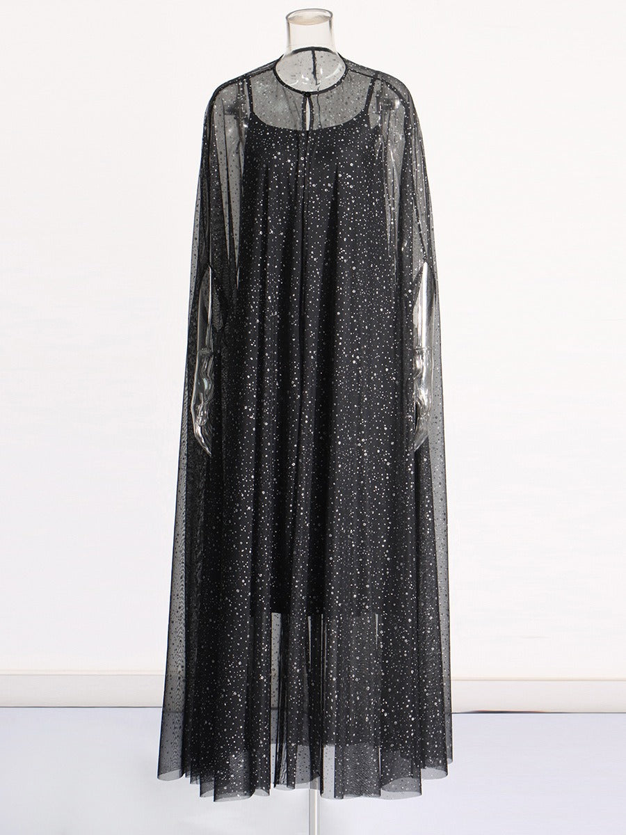 Pre Order:  Diamond Mesh Cloak + Black Satin Dress Set