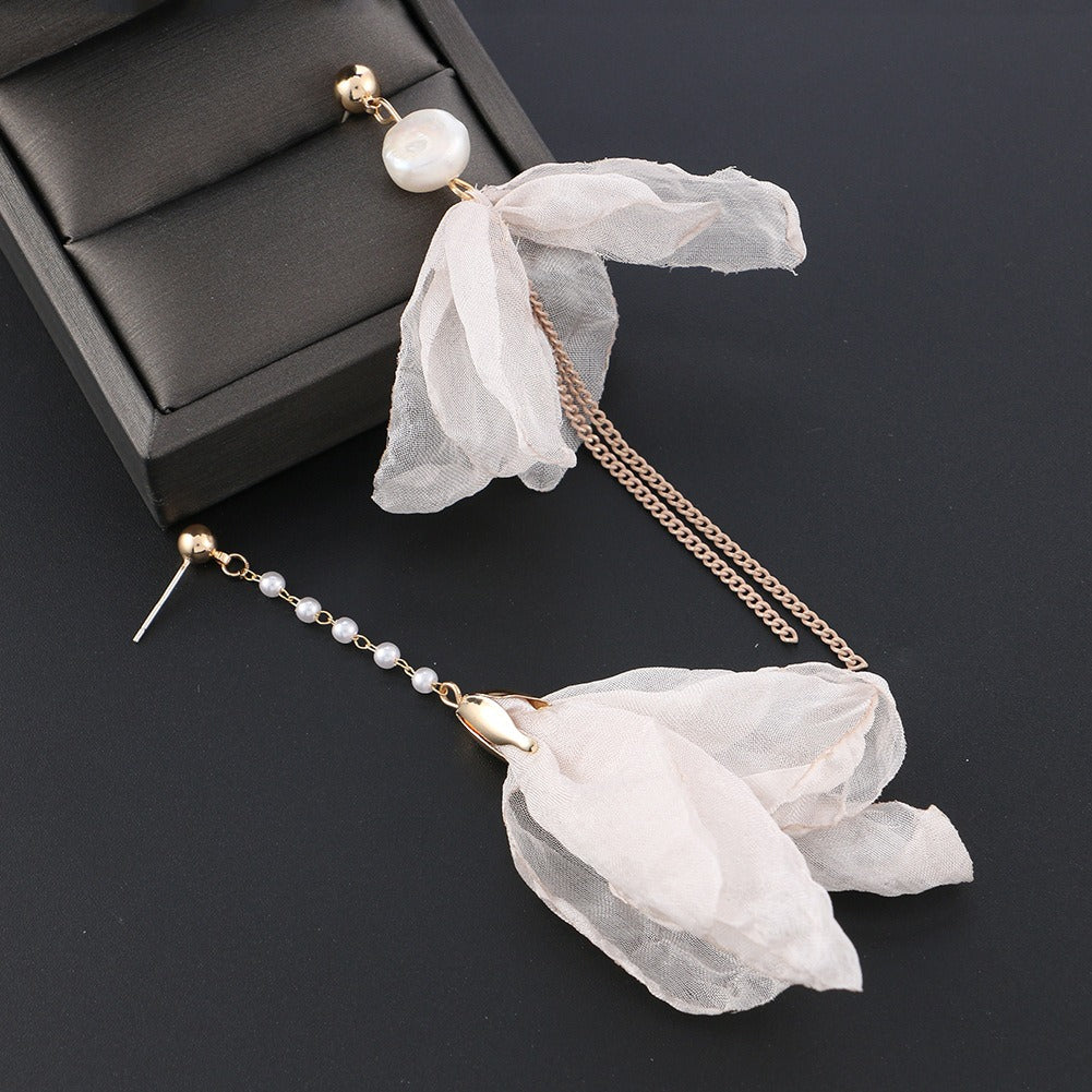 Pre Order:  Long Tassel Flower Pearl Asymmetric Earrings