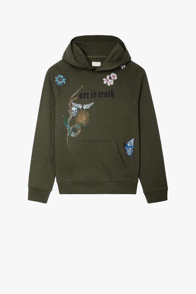 Pre Order:  Flower Skull Wing Embroidery Hooded Sweatshirt