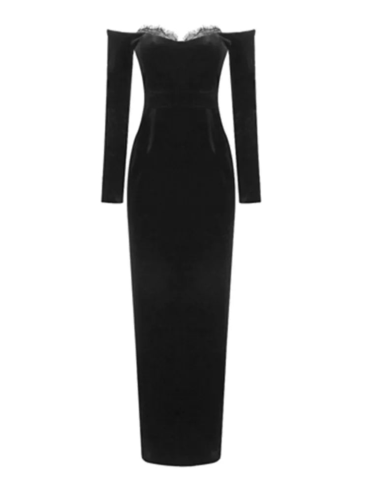 Pre Order:  Black Long Sleeved Lace Velvet Dress