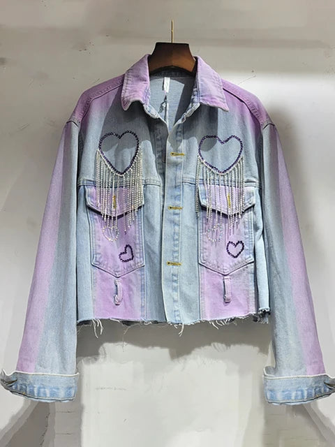 Pre Order:  Tassel Heart Diamond Purple Tie-Dye Single Breasted Jacket