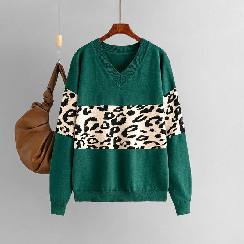 Pre Order:  Vintage Leopard Pullover Knitted V-Neck Sweater