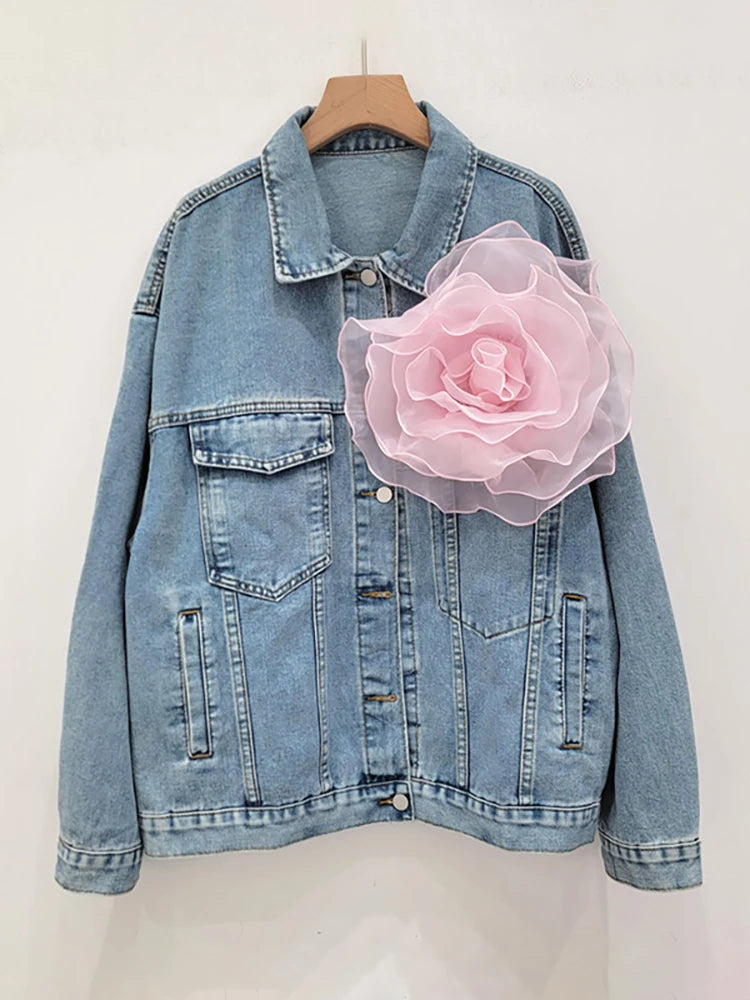 Pre Order:  Spliced 3D Flower Long Sleeve Blue Denim Jacket