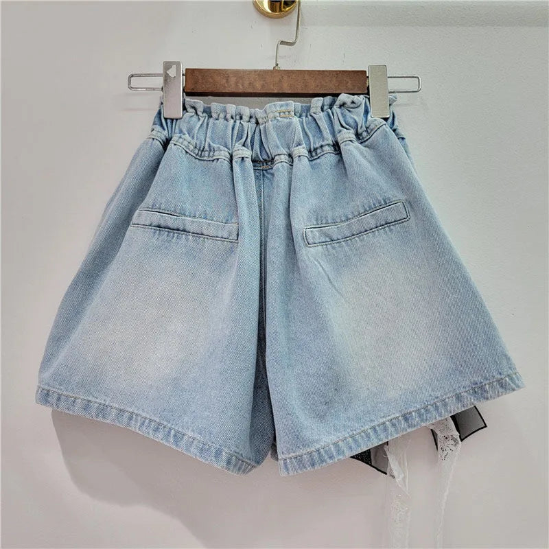 Pre Order: Hot Stamping 3D Butterfly Bow Wide Leg Denim Shorts