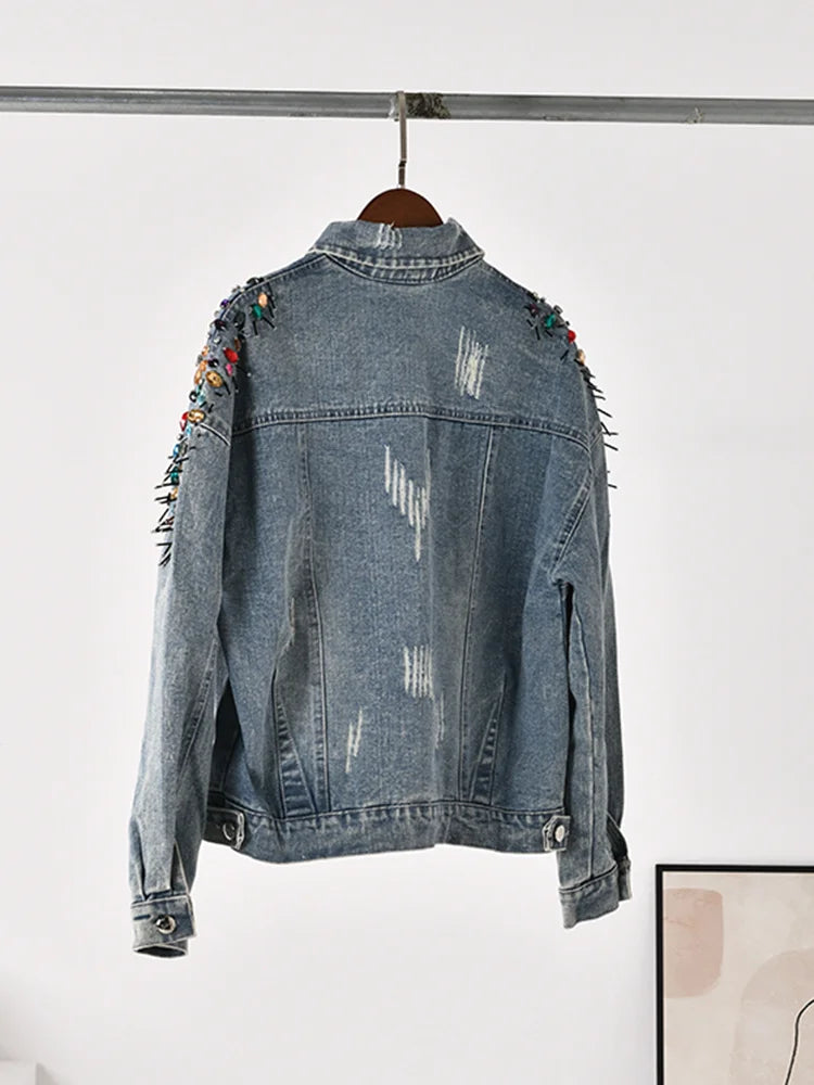 Pre Order:  Rhinestones Embellished Distressed Denim Jacket