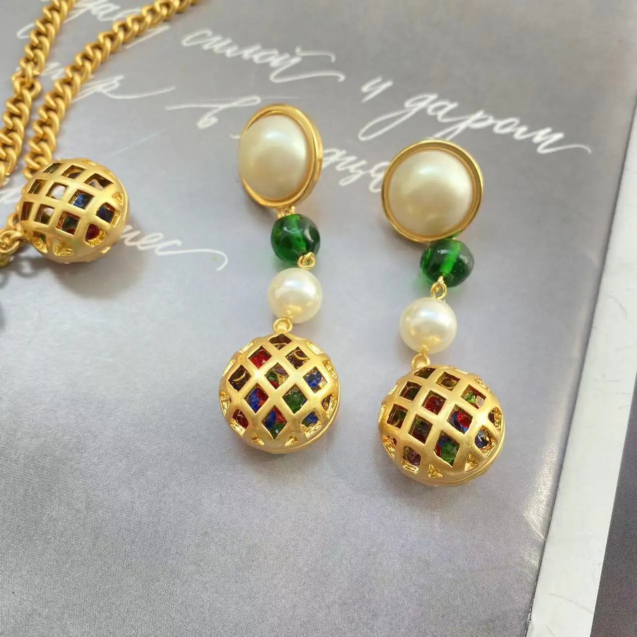 Pre Order:  Classic Glass Bird Cage Necklace + Pearl Earrings Set