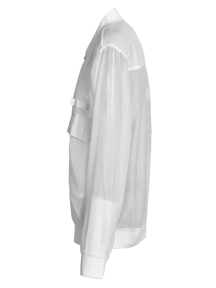 Pre Order:  White Organza Stand Collar Long Sleeve Jacket