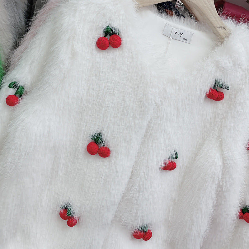 Pre Order:  3D Cherry White Fur Jacket