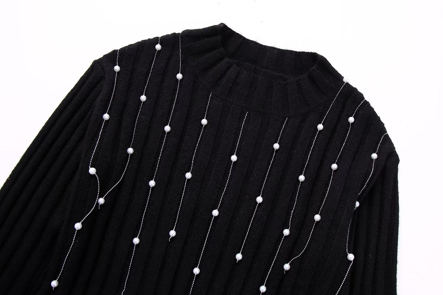 Pre Order:  Knitted Black Faux-Pearls Tassels Sweater