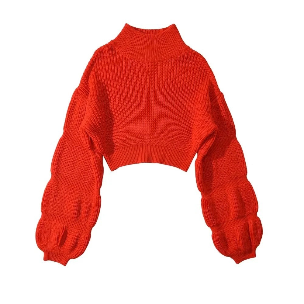 Pre Order:  Puff Sleeves Turtleneck Knitted Sweater