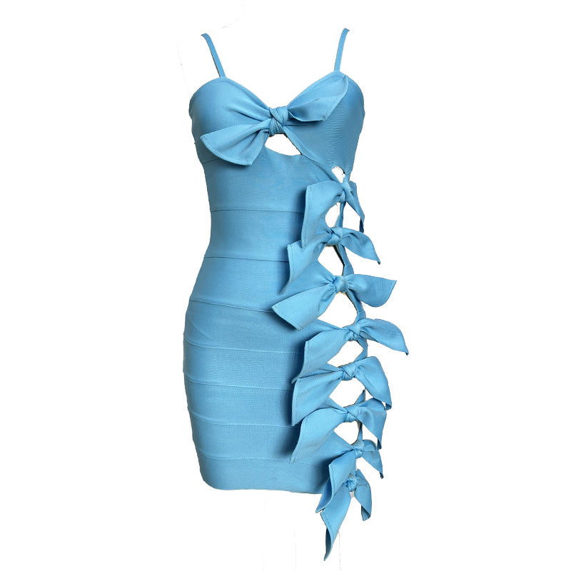 Pre Order:  Blue Hollow Bow Tight Mini Dress