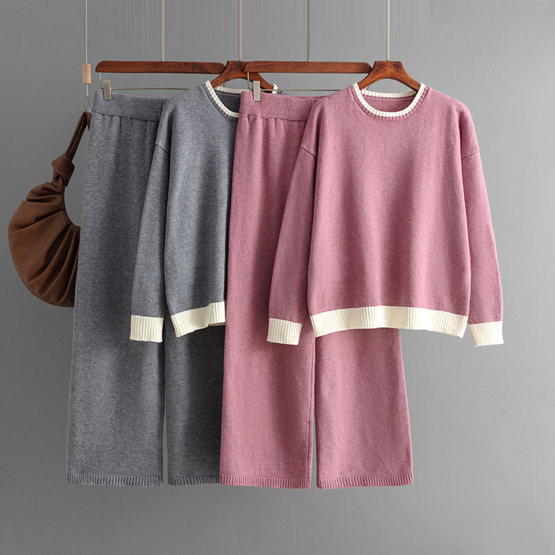 Round Neck Knitted Sweater + Wide Leg Pants Set