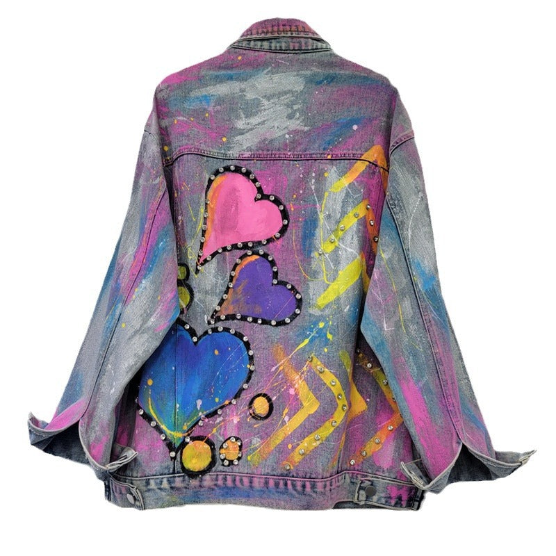 Pre Order:  Colorful Heart Shaped Graffiti Hand Drawn Denim Jacket