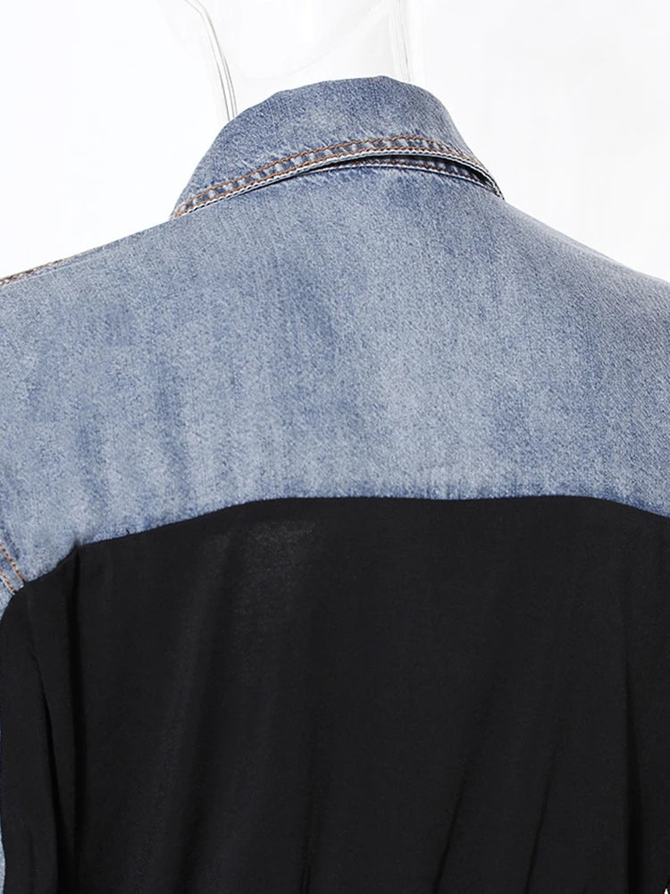 Pre Order:  Denim Drawstring Pleated V-Neck Long Sleeve Shirt