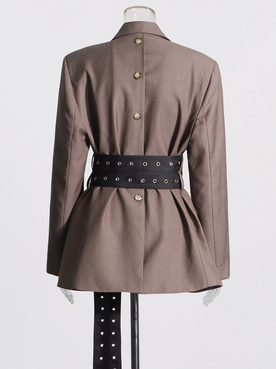 Spliced Double Lace-Up Belt V-Neck Blazer Jacket