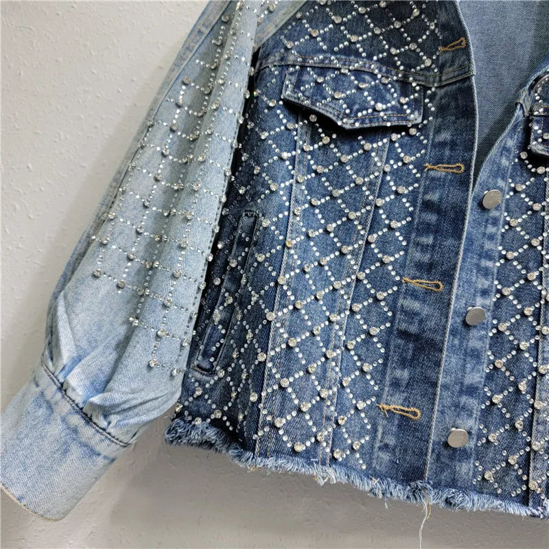 Pre Order:  Patchwork Hot Drilling Diamond Retro Washed Denim Jacket