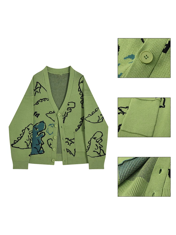 V-Neck Cartoon Dinosaur Jacquard Loose Knitted Cardigan