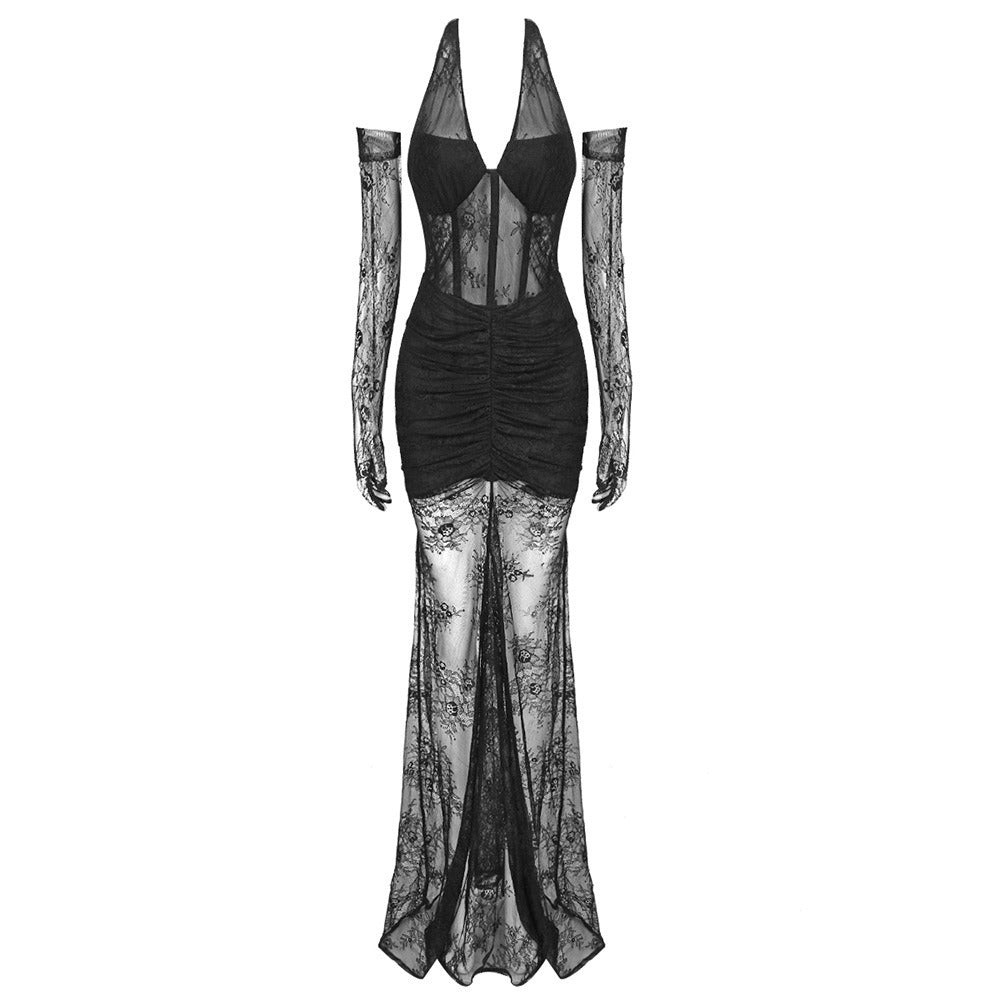 Pre Order:  Lace Halter Neck Semi See-Through Dress