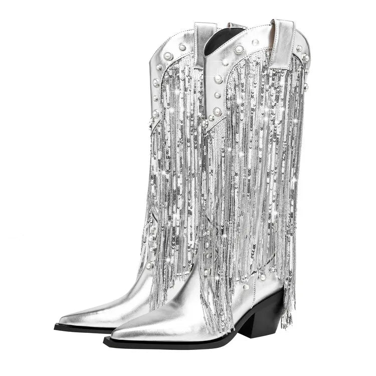 Sequins Faux Pearls Tassel Boots