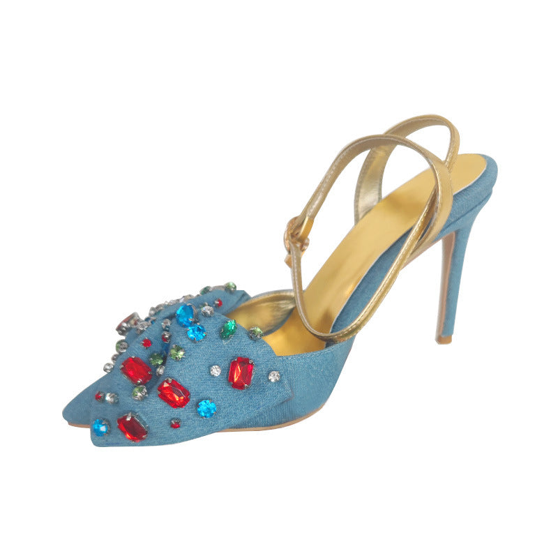 Pre Order:  Rhinestones Bowknot Denim Stilettos