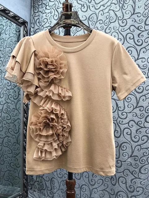 Pre Order:  3D Flower Ruffled Edge Cotton T-shirt