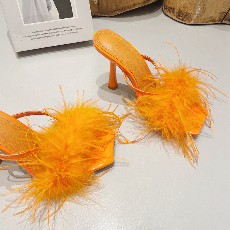 Pre Order:  Feather Square Toe Stiletto Mule Sandals