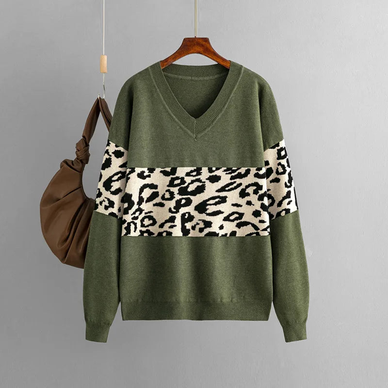 Vintage Leopard Pullover Knitted V-Neck Sweater