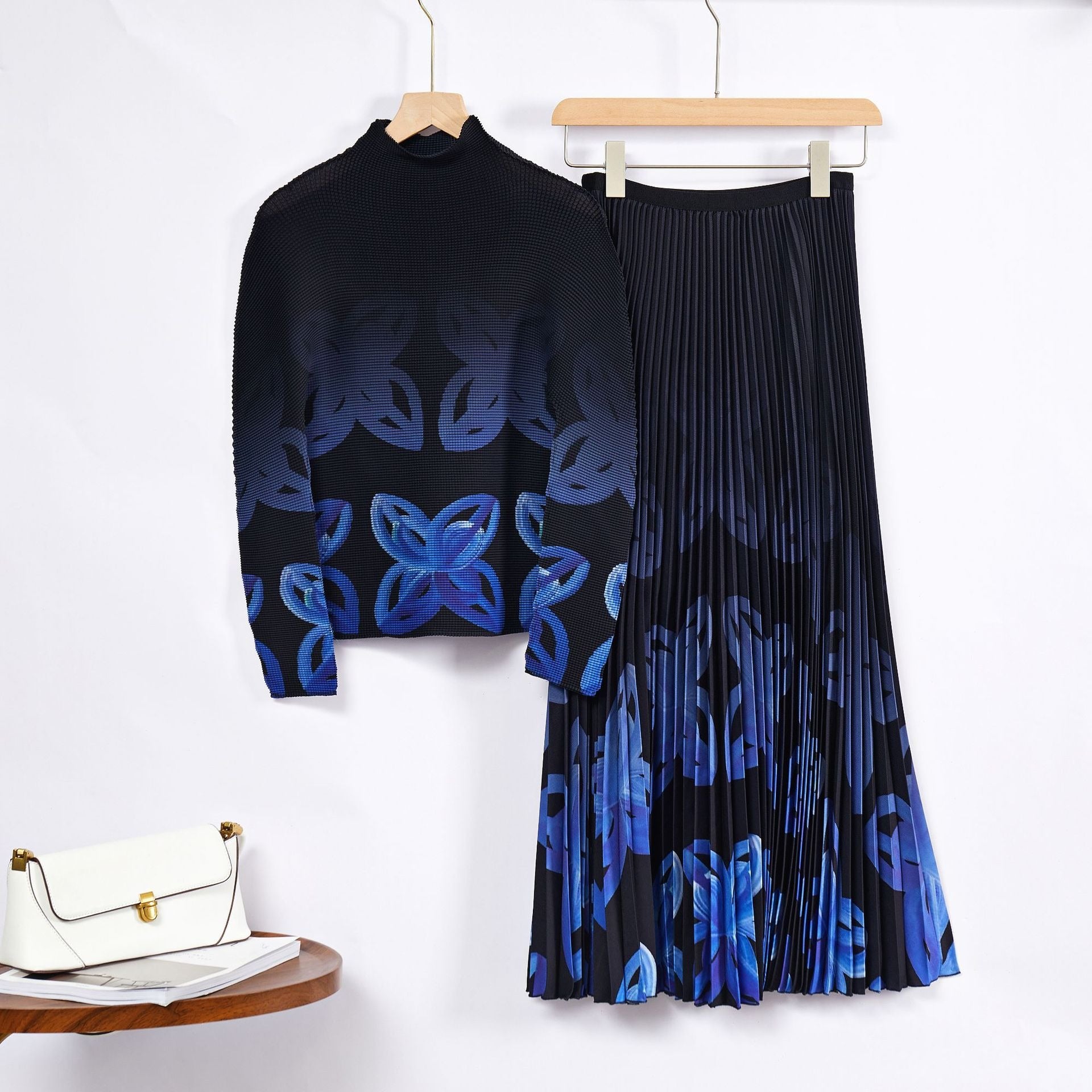 Pre Order:  Contrast Floral Pleated Top+Skirt Set