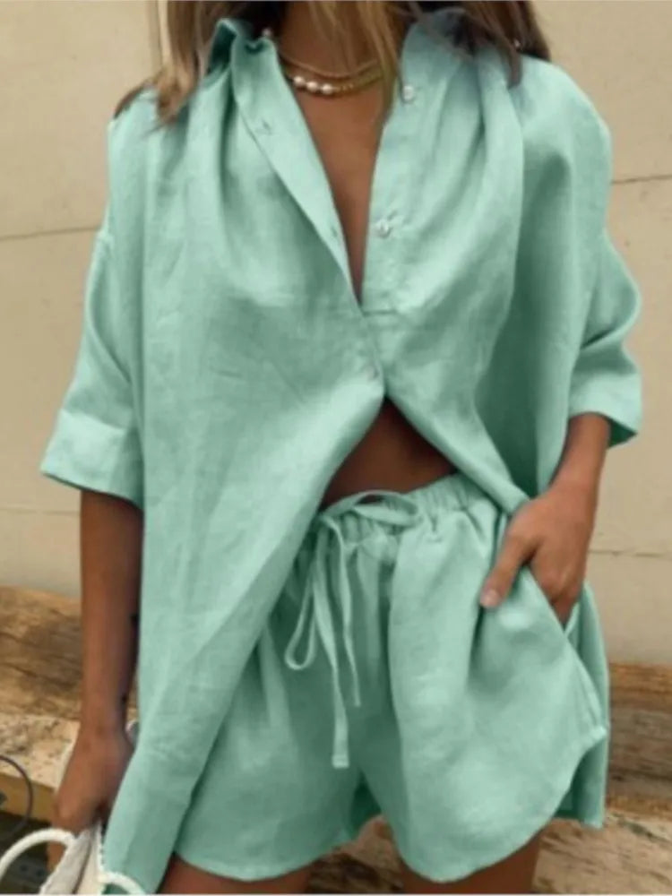 Pre Order:  Solid Linen Loose Shirt + Short Set