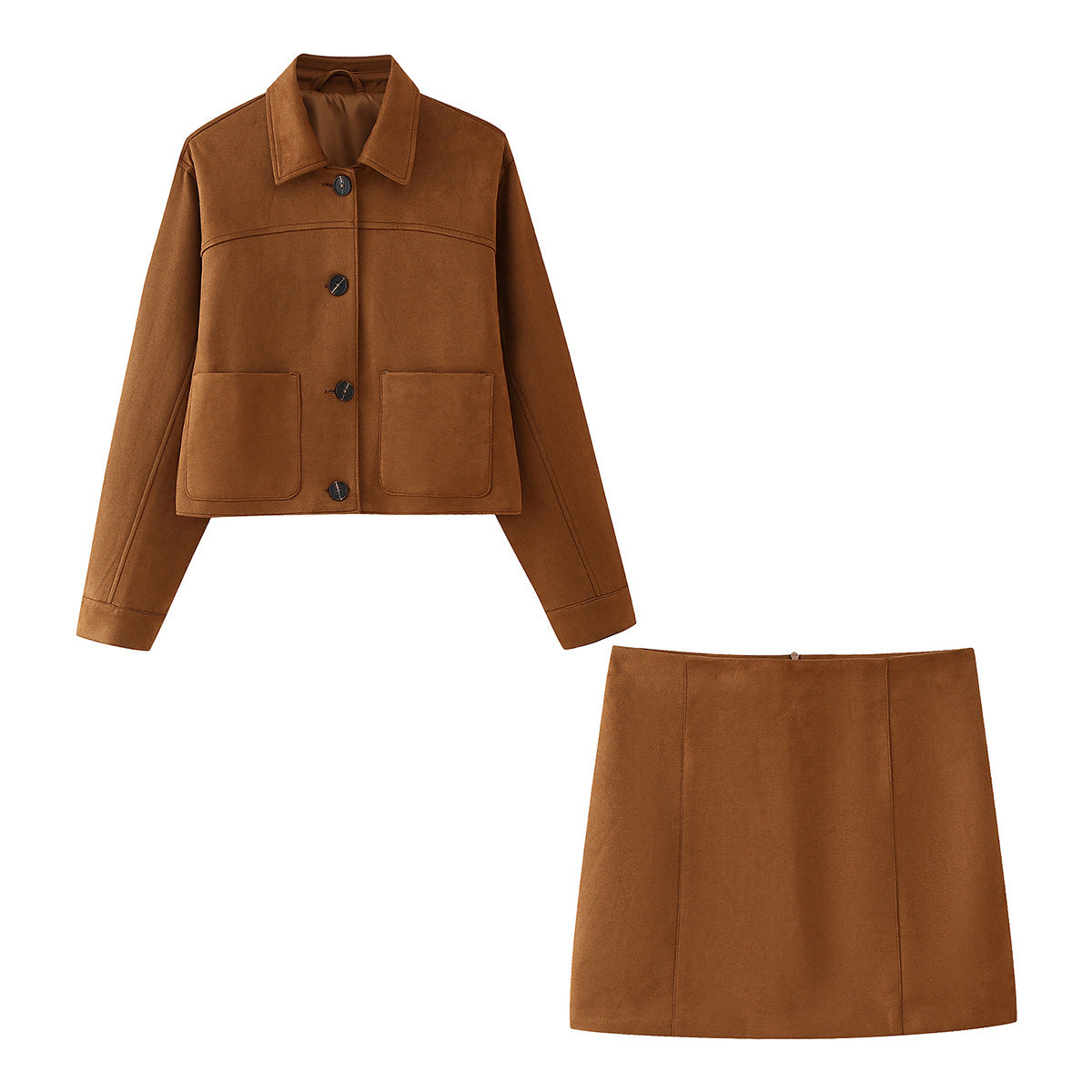 Pre Order: Brown Suede Jacket + Short Skirt Set