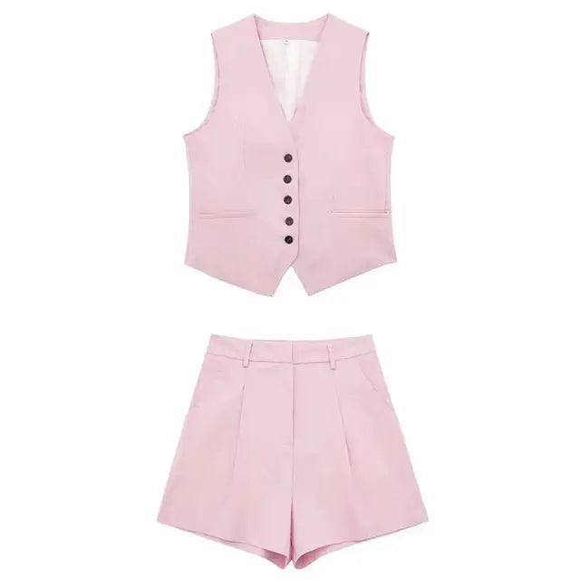 Pre Order:  Solid Button Sleeveless Linen Vest + Shorts Set