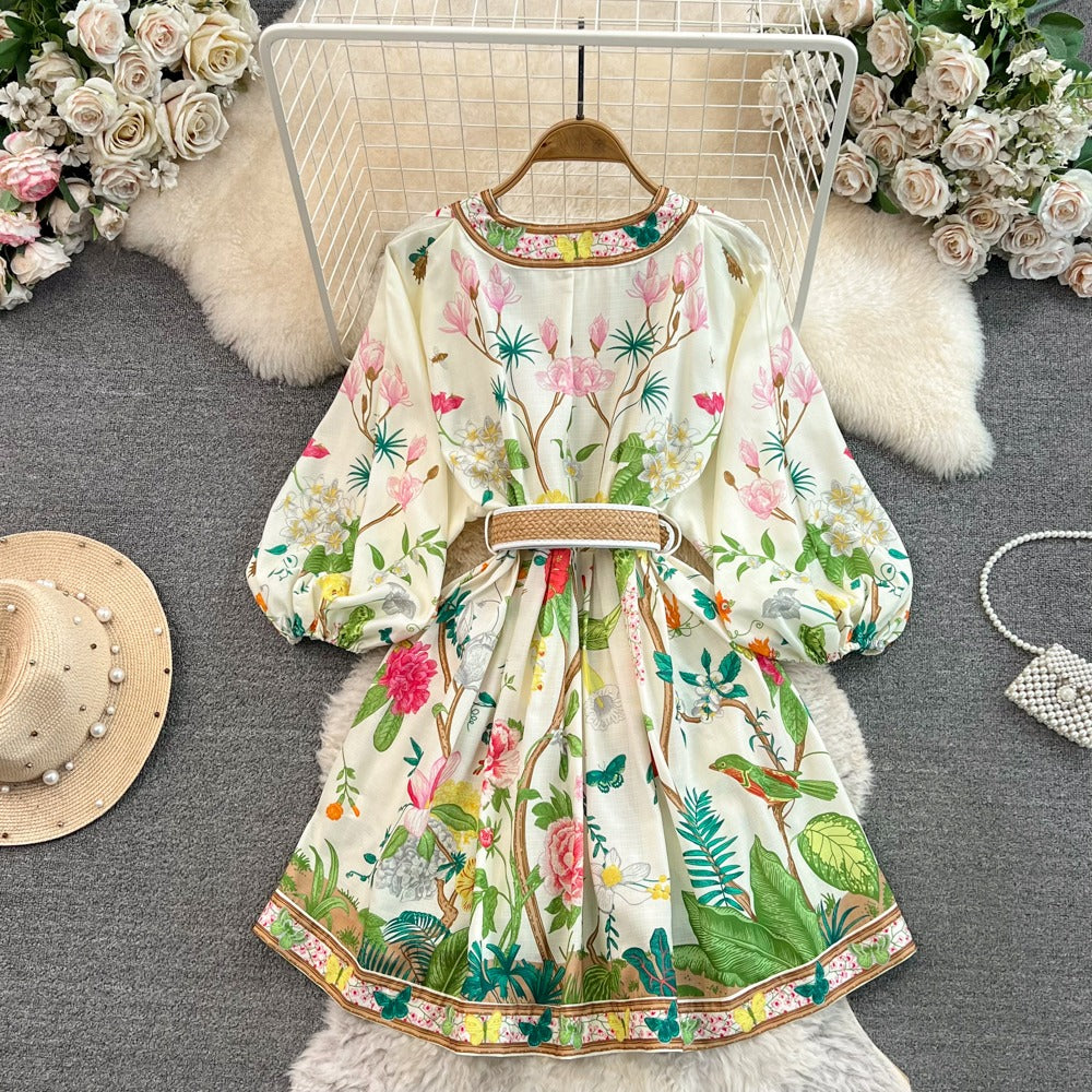 Flower Print Lantern Sleeves V-Neck A-Line Dress