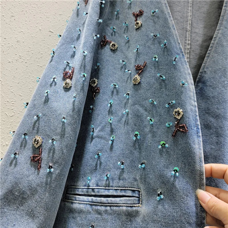 Pre Order:  Bead Studded Front Pockets Denim Jacket