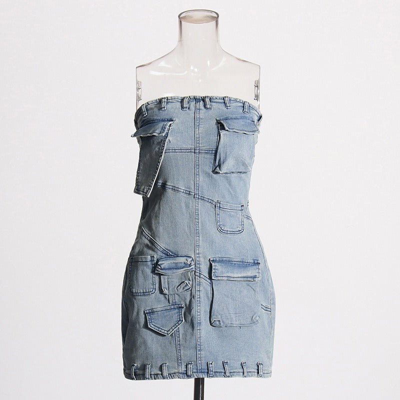 Pre Order: Multi Pocket Strapless Slim Fit Mini Denim Dress