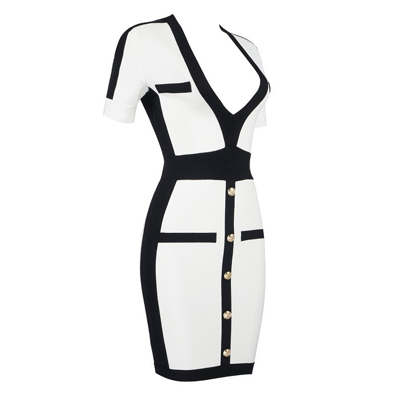 V-Neck Patchwork One Line Button Bodycon Dress