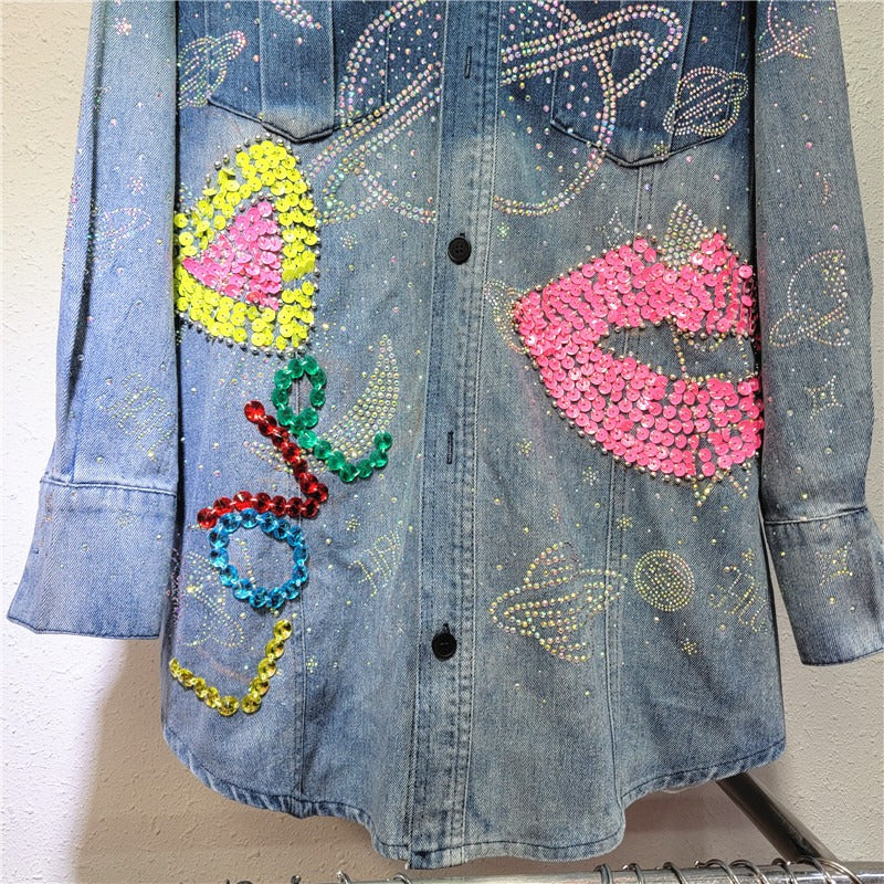 Sequin Heart Letter Gradient Long Sleeved Denim Shirt