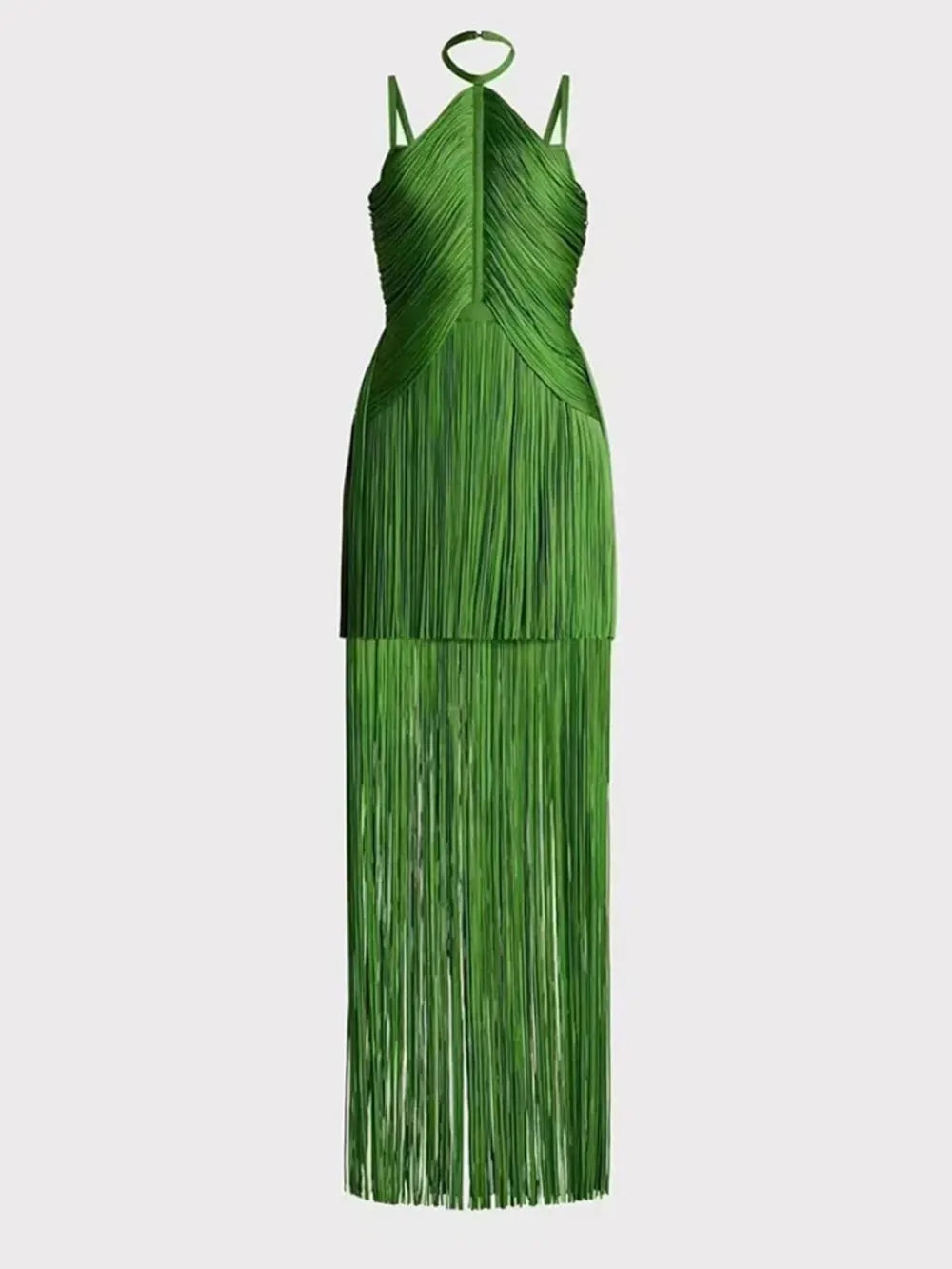 Pre Order:  Green Halter Neck Fringe Tassel Dress