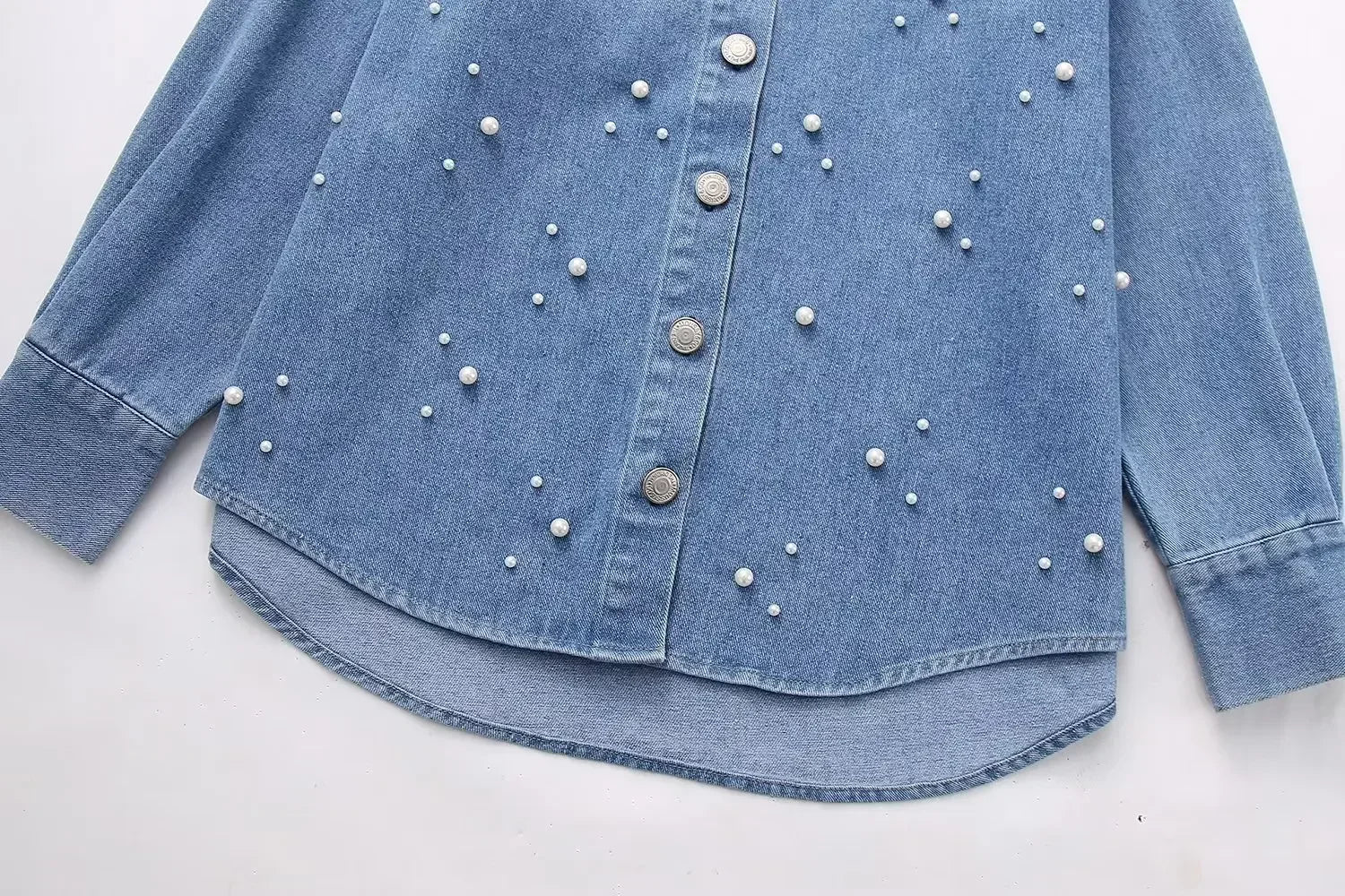 Faux Pearls Beaded Denim Shirt