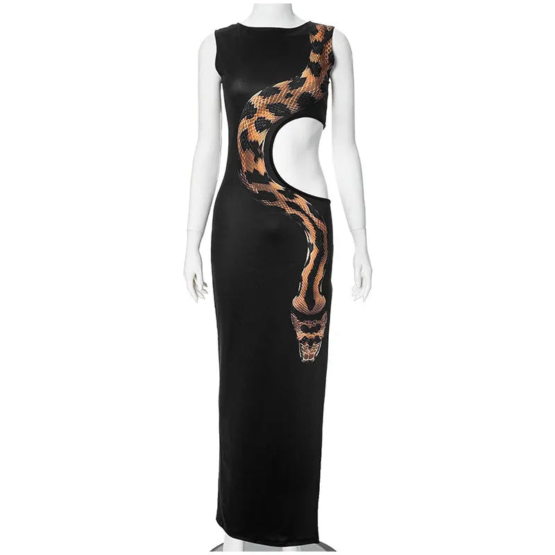 Pre Order:  Waist Hollow Python Print Slim Fit Split Maxi Dress