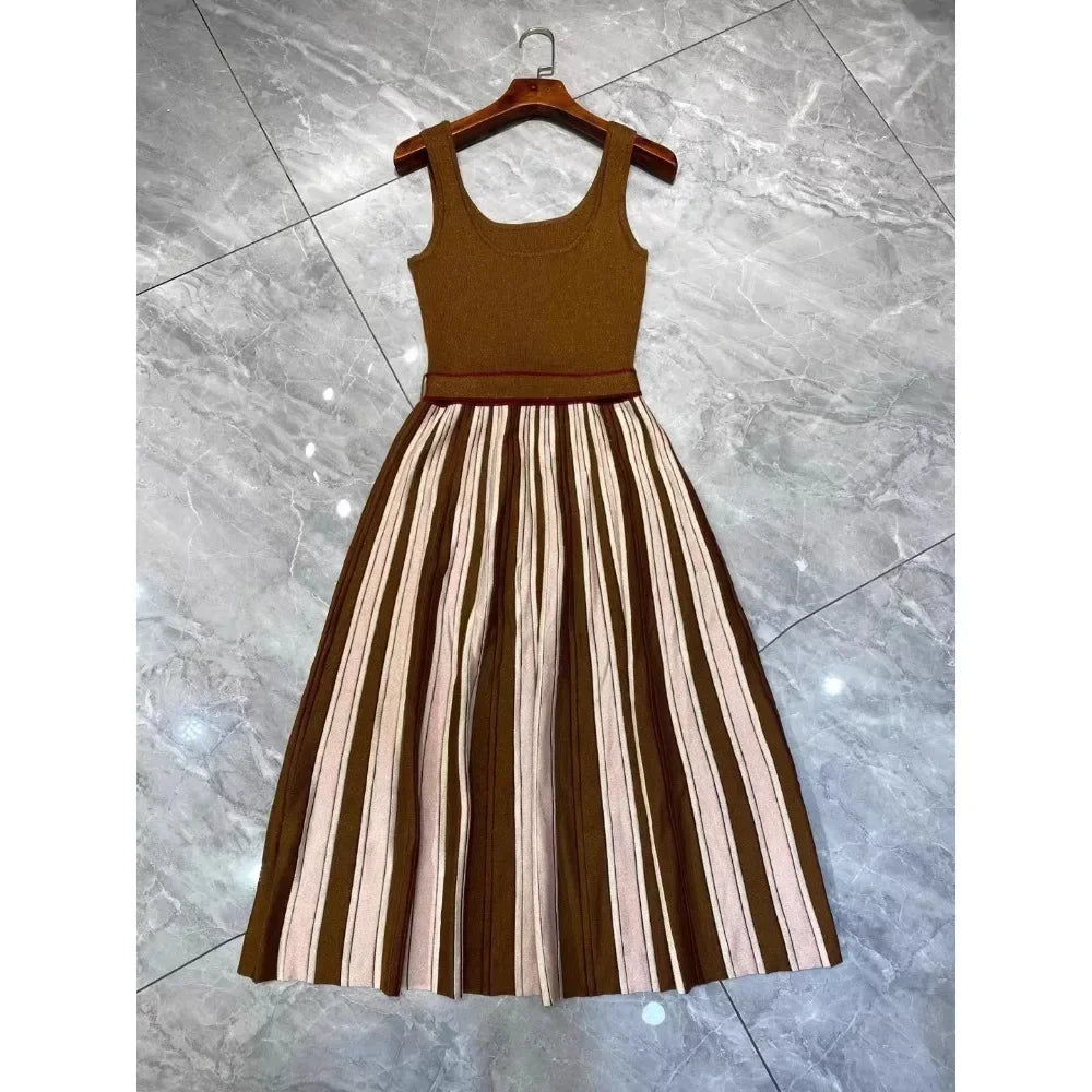 Pre Order:  Brown Halter Knitted Pleated Dress