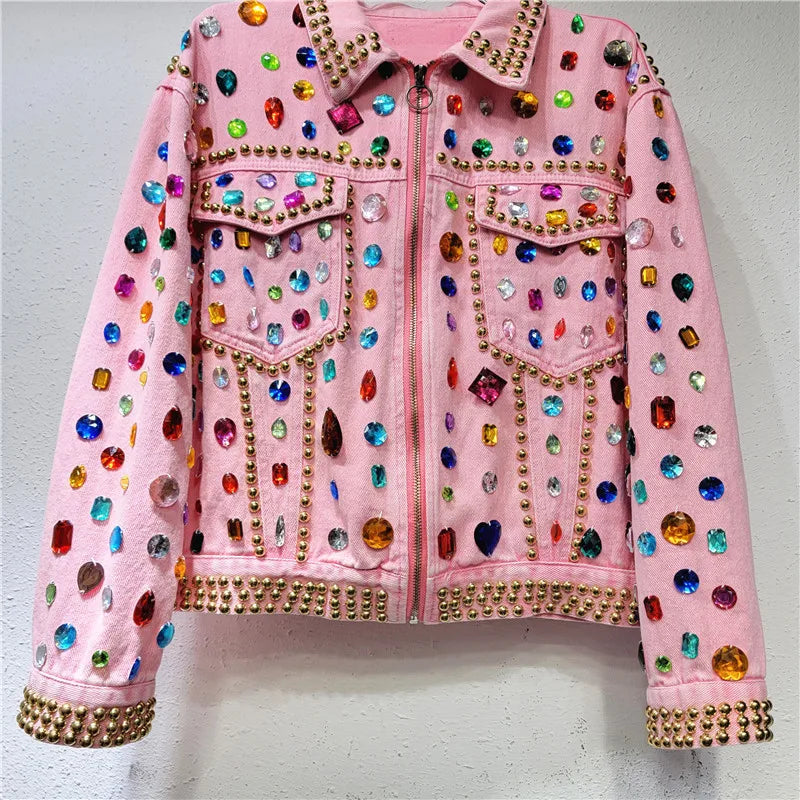 Pre Order:  Rivet Beaded Diamond Pink Denim Loose Jacket