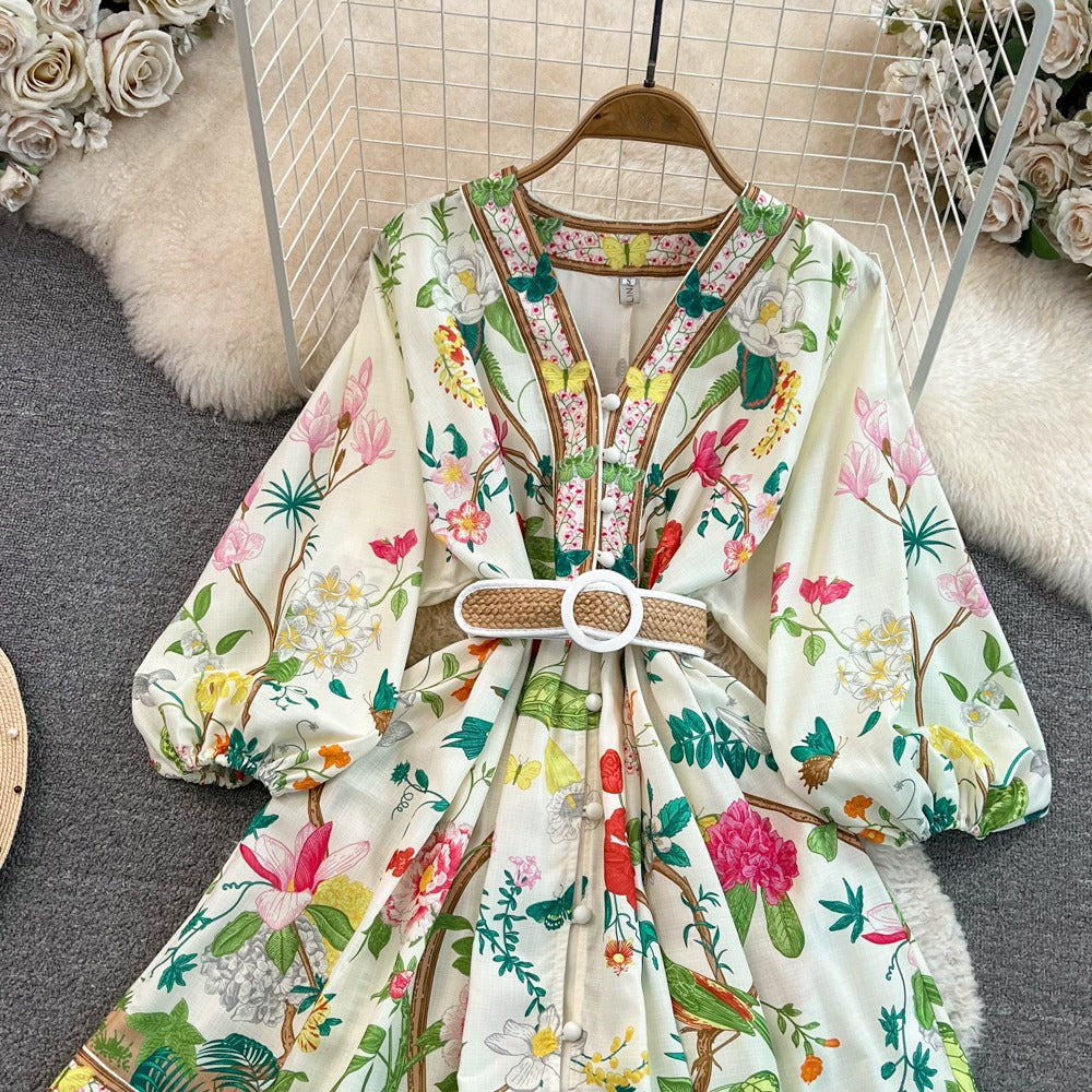 Flower Print Lantern Sleeves V-Neck A-Line Dress