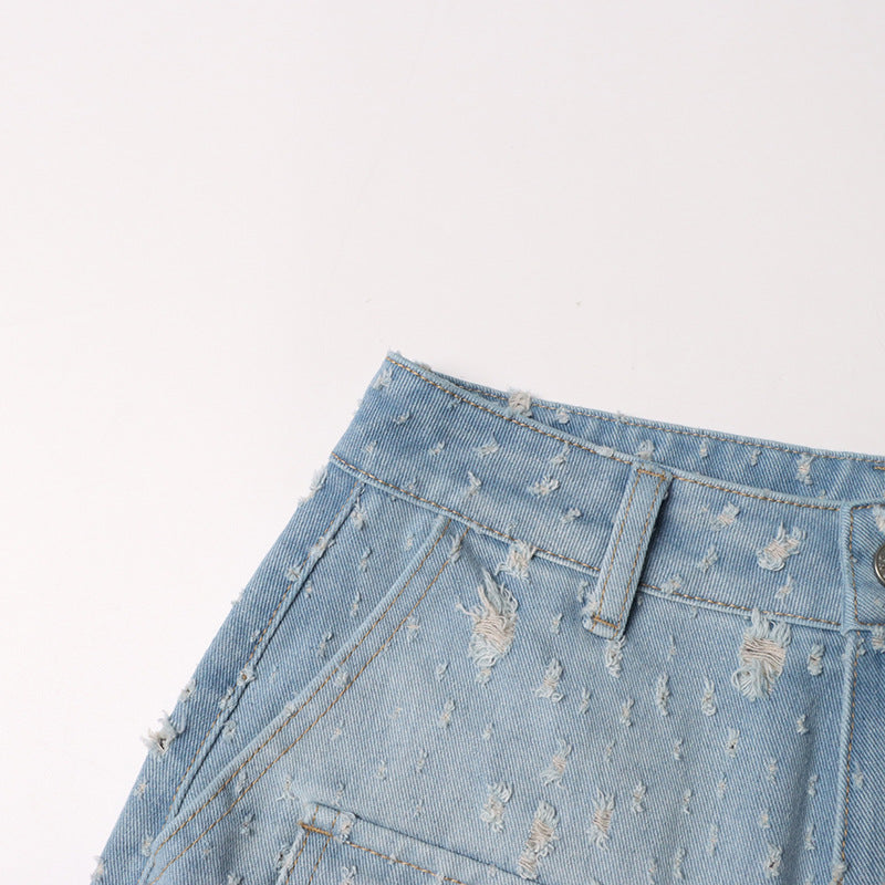 Pre Order:  Blue Ripped Distressed Multi-Pocket High Waist Long Jeans